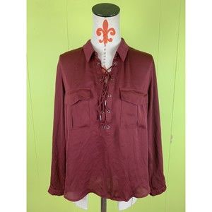 L' Academie Womens M Red Burgundy Satin Long Sleeve Collared Lace Up Blouse